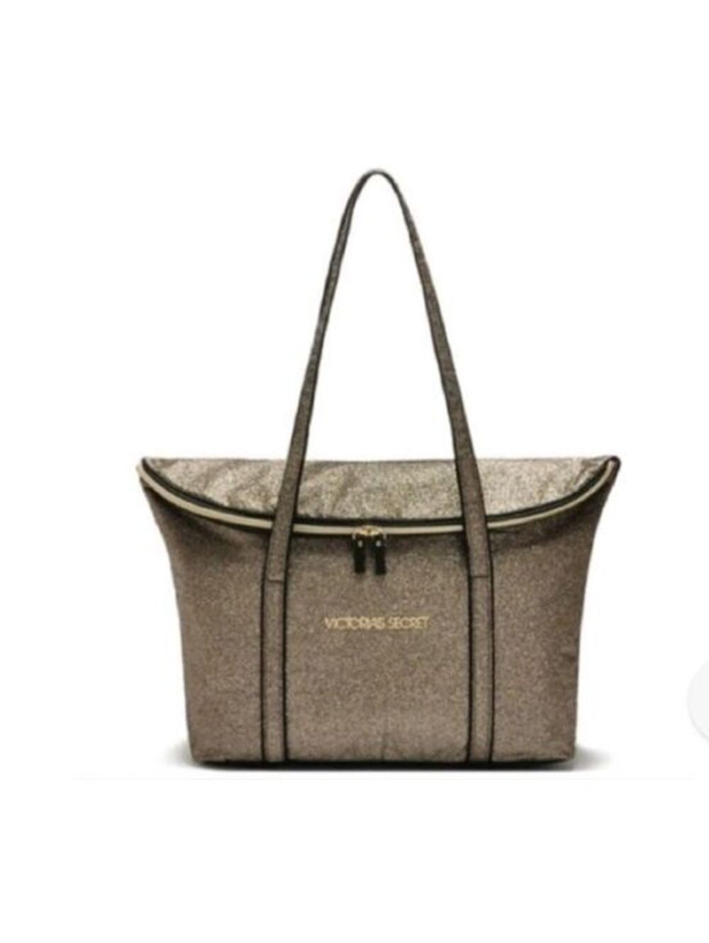 Victoria's Secret Gold Glitter Tote Bag with Black Accents and Dual Handles